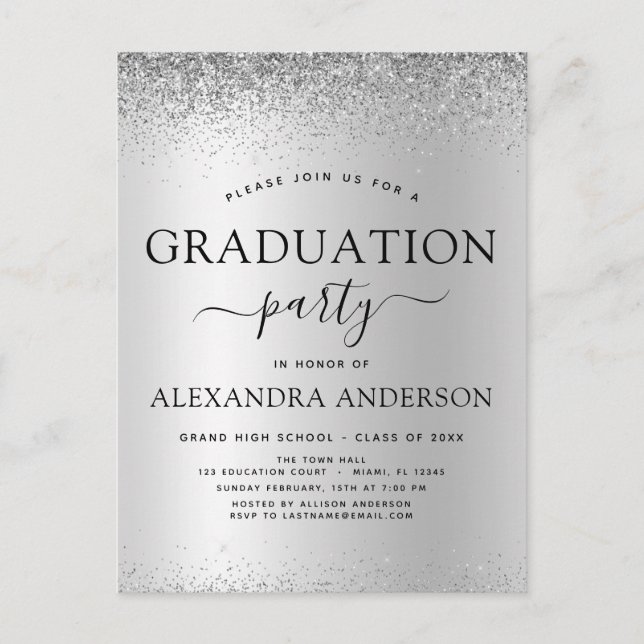 2022 Graduation Party Glitter Silver Black Invitat Postcard (Front)