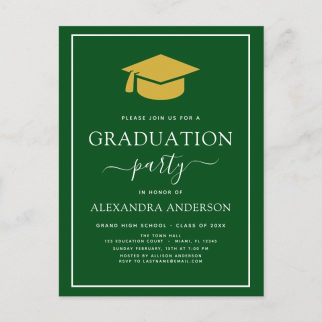 2022 Graduation Party Green Gold Modern Elegant In Postcard (Front)