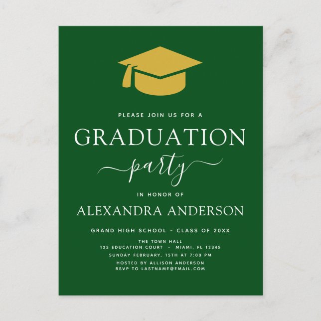 2022 Graduation Party Green Gold Modern Elegant In Postcard (Front)