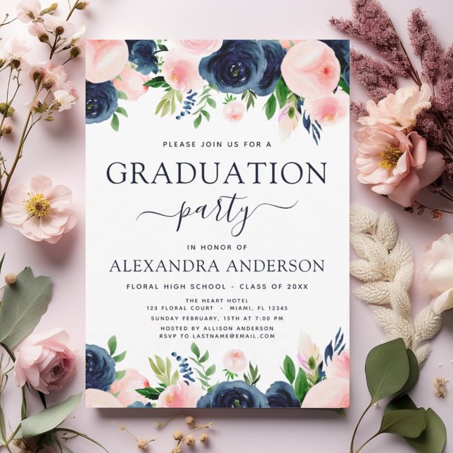 2022 Graduation Party Navy Blue Blush Pink Floral Invitation (Creator Uploaded)