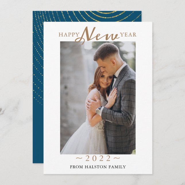 2022 Happy New Year Gold Swirl  Pattern Photo   Ho Holiday Card (Front/Back)