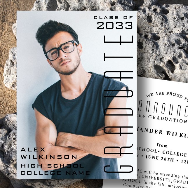 2022 Modern Script Guy Photo Trendy Graduation Announcement (Creator Uploaded)