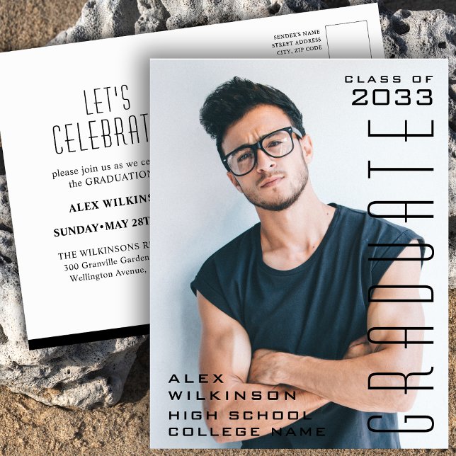 2022 Modern Script Guy Photo Trendy Graduation Invitation Postcard (Creator Uploaded)