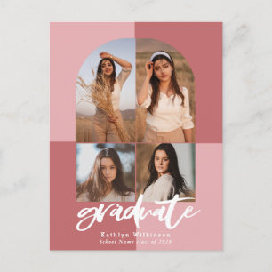 2022 Modern Script Rose Pink Arch 4 Photo Grad Announcement Postcard