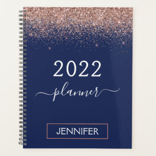 2022 Navy Blue Monogram Glitter Pink Rose Gold Planner