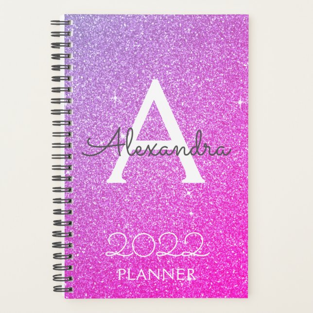 2022 Purple Pink Glitter Sparkle Monogram Planner (Front)