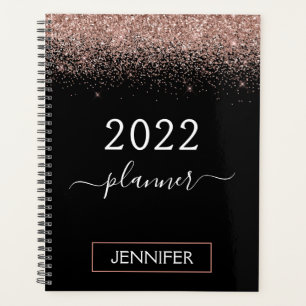 2022 Rose Gold Blush Pink Black Glitter Monogram Planner