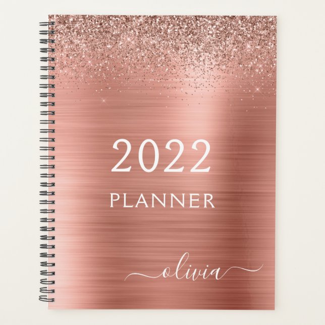 2022 Rose Gold Blush Pink Glitter Monogram Planner (Front)