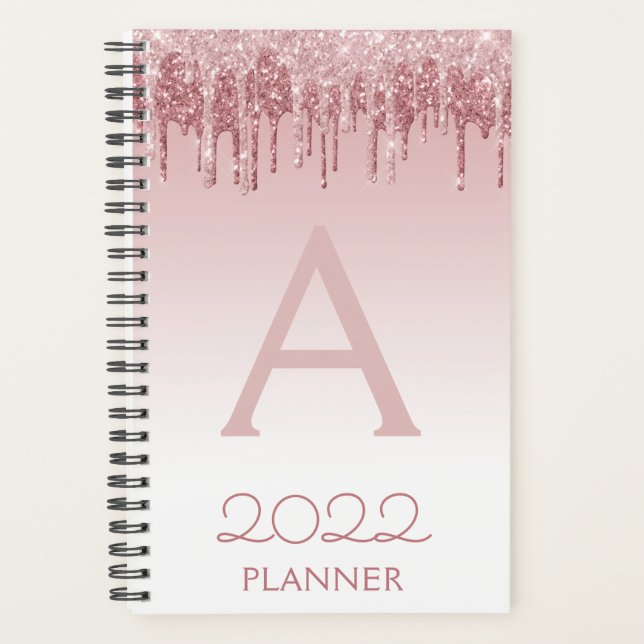 2022 Rose Gold Blush Pink Glitter Sparkle Monogram Planner (Front)