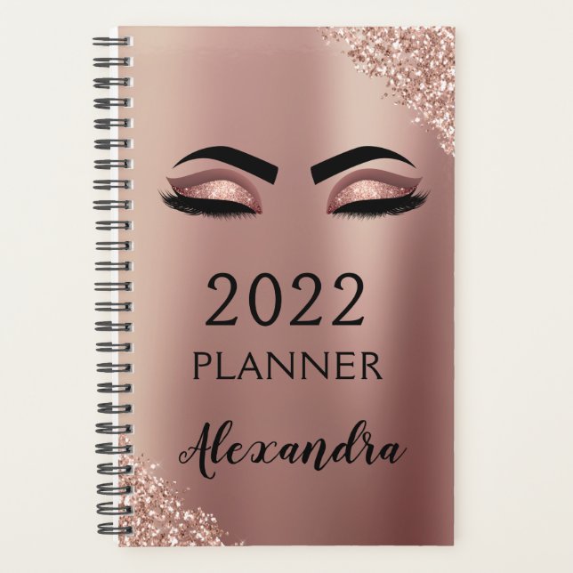 2022 Rose Gold Pink Monogram Glitter Eyelashes Planner (Front)