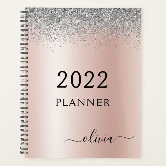 2022 Rose Gold Pink Silver Glitter Monogram Planner (Front)