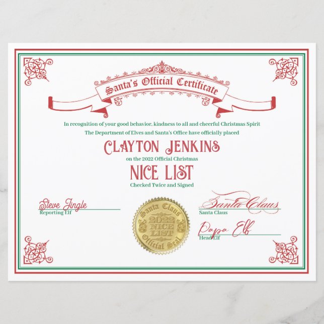 2022 Santa Nice List Certificate (Front)