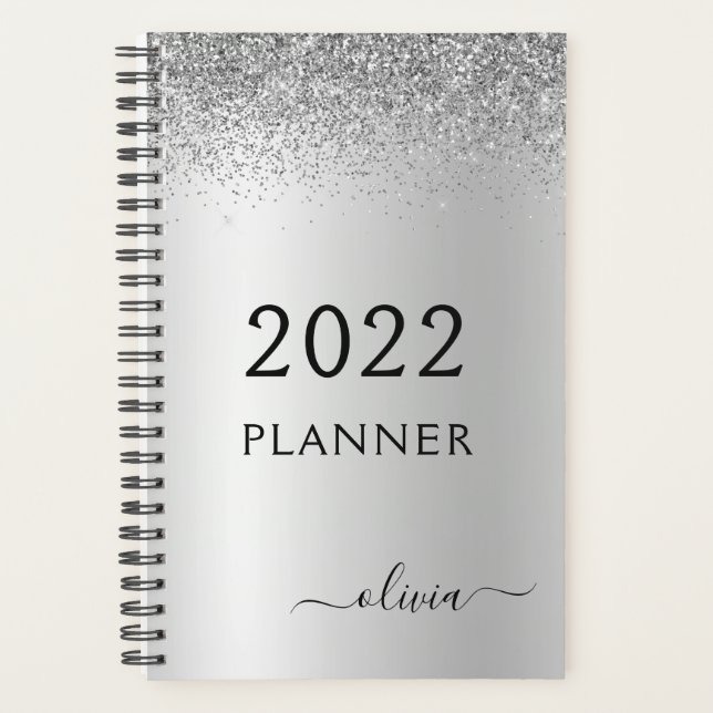 2022 Silver Black Glitter Girly Monogram Planner (Front)