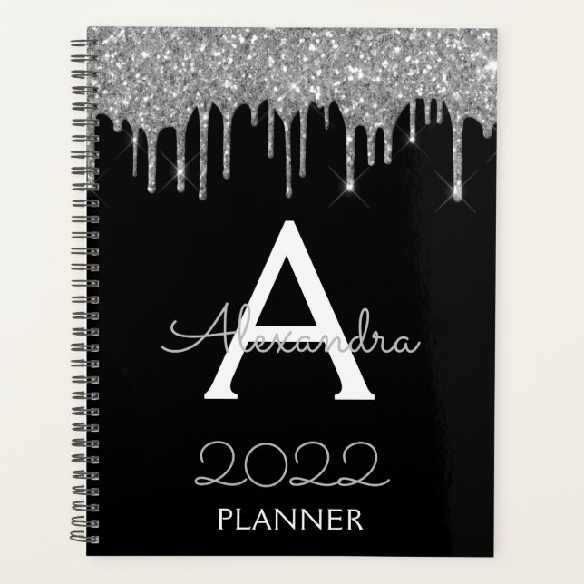 2022 Silver Black Glitter Monogram Modern Planner (Front)