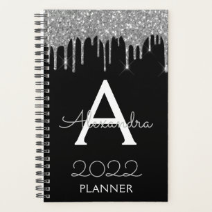 2022 Silver Black Glitter Monogram Modern Planner