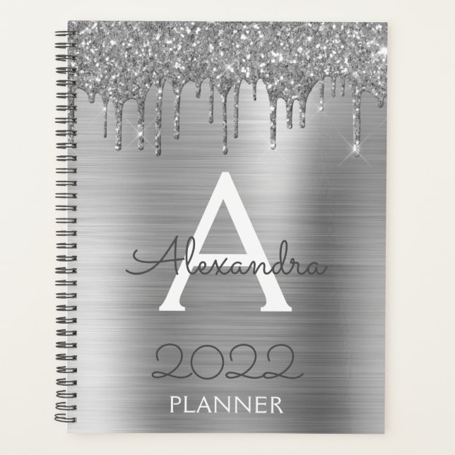 2022 Silver Glitter Glam Monogram Modern Planner (Front)