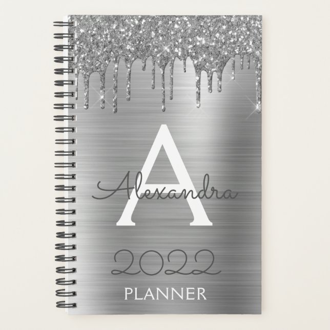 2022 Silver Glitter Glam Monogram Modern Planner (Front)