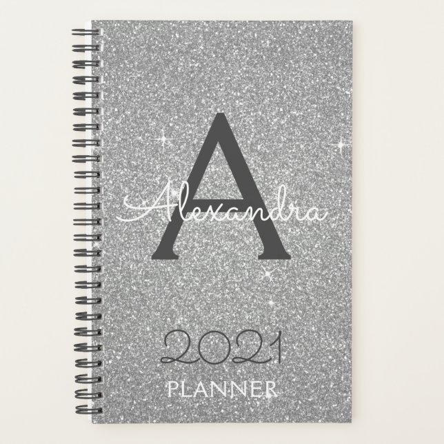 2022 Silver Glitter Sparkle Monogram Planner (Front)