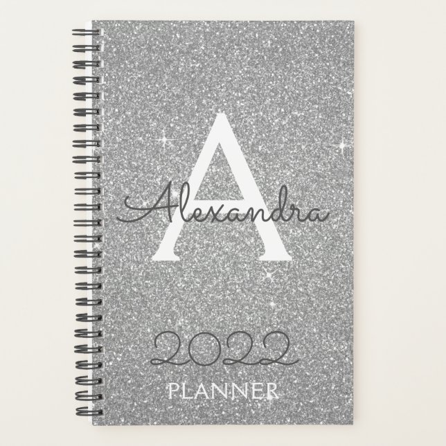 2022 Silver Glitter Sparkle Monogram Planner (Front)