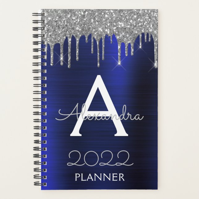 2022 Silver Navy Blue Glitter Glam Monogram Planner (Front)