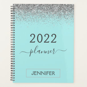 2022 Silver Teal Aqua Blue Glitter Monogram Girly Planner