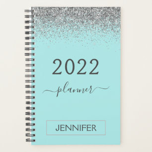 2022 Silver Teal Aqua Blue Glitter Monogram Girly Planner