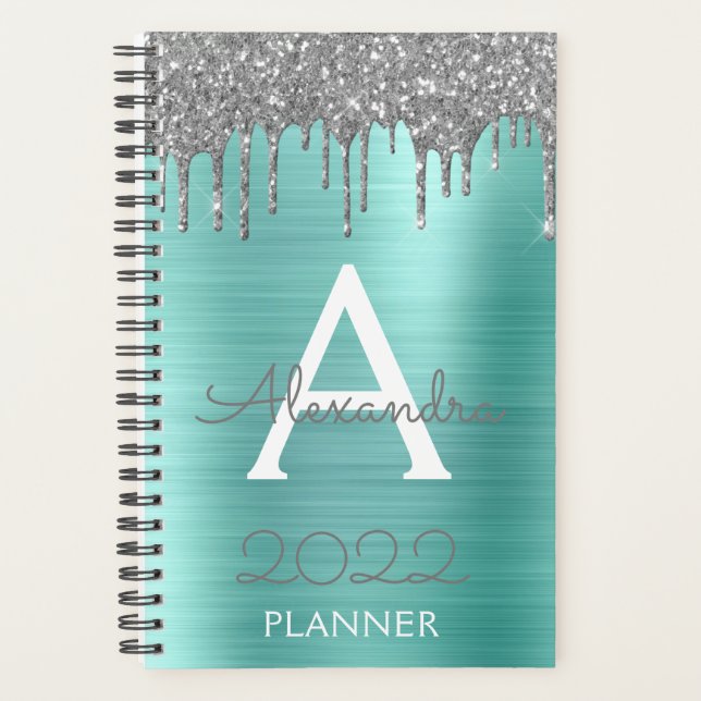 2022 Silver Teal Aqua Blue Glitter Monogram Planner (Front)