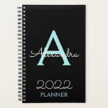 2022 Teal Aqua Blue Black Monogram Elegant Planner<br><div class="desc">2022 Teal Aqua Blue and Black Monogram Name and Initial Spiral Notebook Planner. This makes the perfect sweet 16 birthday,  wedding,  bridal shower,  anniversary,  baby shower or bachelorette party gift for someone that loves glam luxury and chic styles.</div>