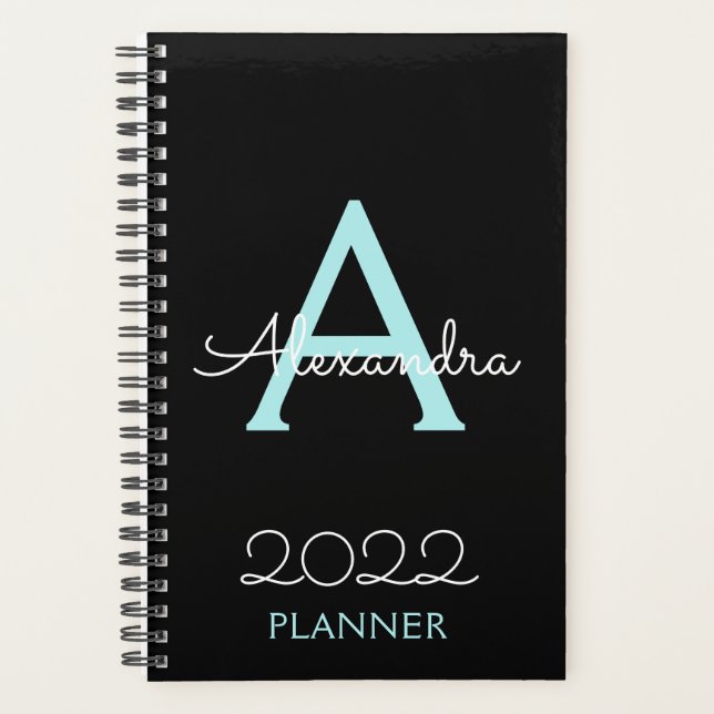 2022 Teal Aqua Blue Black Monogram Elegant Planner (Front)