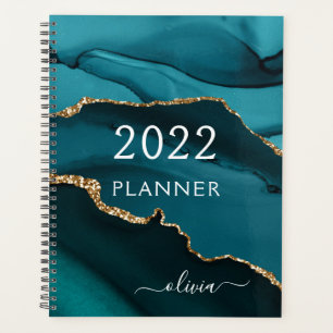 2022 Teal Aqua Blue Gold Agate Geode Script Planner