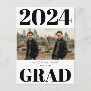 2022Black White Modern Simple Script 2 Photo Grad Invitation Postcard