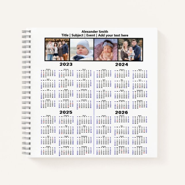 2023 2024 2025 2026 Calendar Custom Photo Modern Notebook (Front)