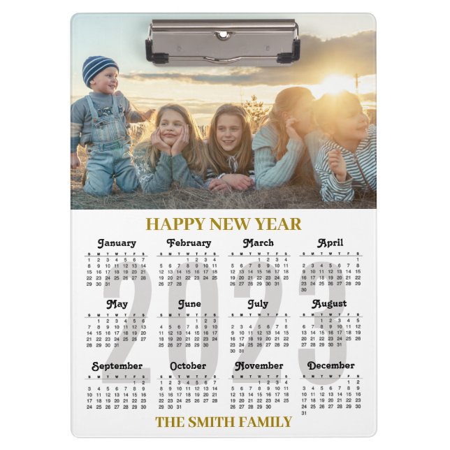 2023-2026 Calendar Modern Gold Script Family Photo Clipboard (Front)