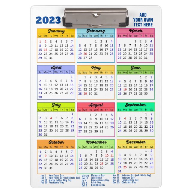 2023-2026 Calendar with Public Holidays Modern  Clipboard (Front)