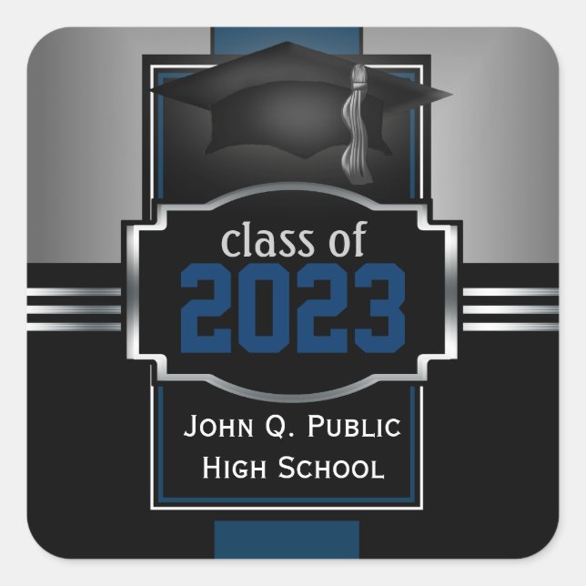 2023 Blue Graduation Year and School Square Sticker (Front)
