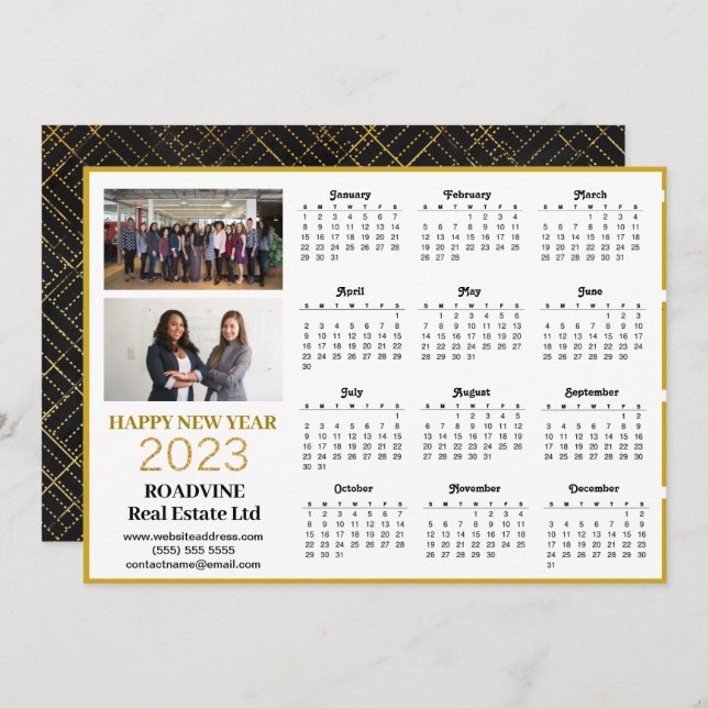 2023 Business Photo Modern Gold Script Calendar Holiday Card (Front/Back)