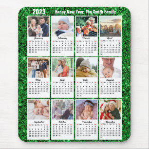 2023 Calendar 12 Family Photo Modern Green Glitter Mouse Pad