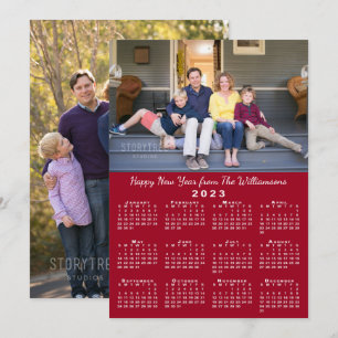 2023 Calendar 2 Custom Photos Red Happy New Year Holiday Card
