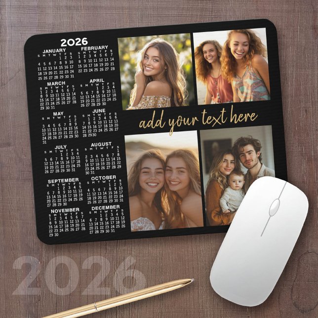 2023 Calendar - 4 photo collage modern script text Mouse Pad (2026 Calendar with a Photo Collage on a Mousepad)