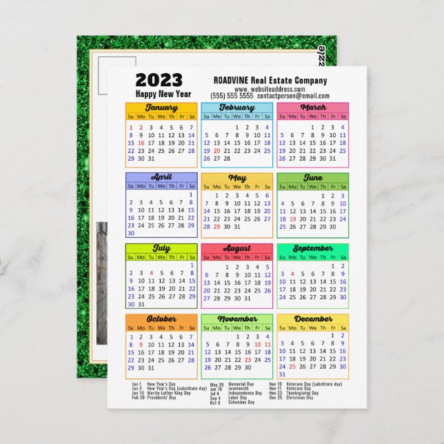 2023 Calendar Black Green Glitter Corporate Photo Postcard (Front/Back)