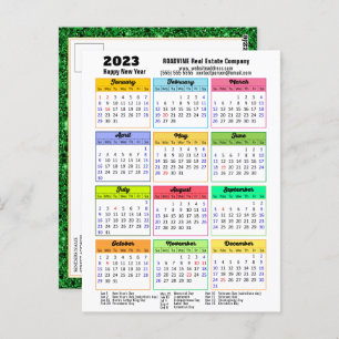2023 Calendar Black Script Green Glitter Corporate Postcard