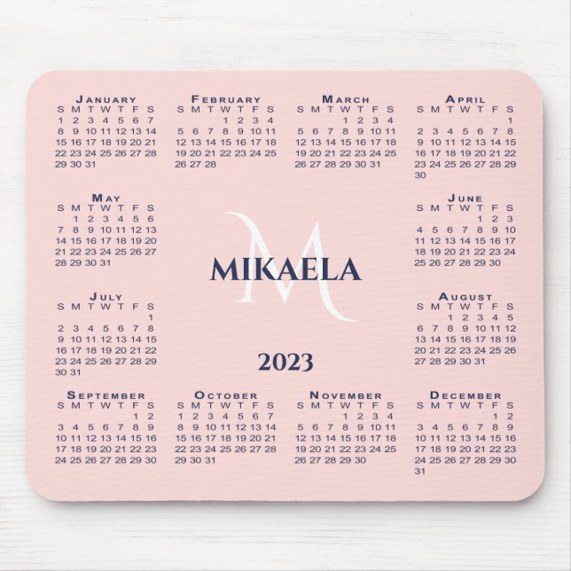2023 Calendar Chic Monogram Name on Coral Pink Mouse Pad (Front)