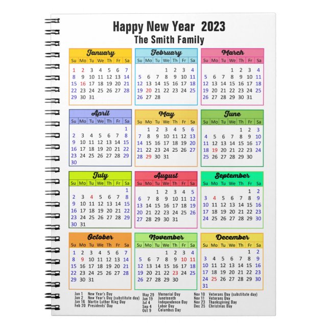 2023 Calendar Colourful Yearly Modern Custom  Notebook (Front)
