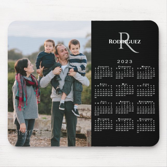 2023 Calendar Custom Photo Monogram Name on Black Mouse Pad (Front)