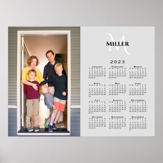 2023 Calendar Custom Photo Monogram Name on Grey Poster (Front)