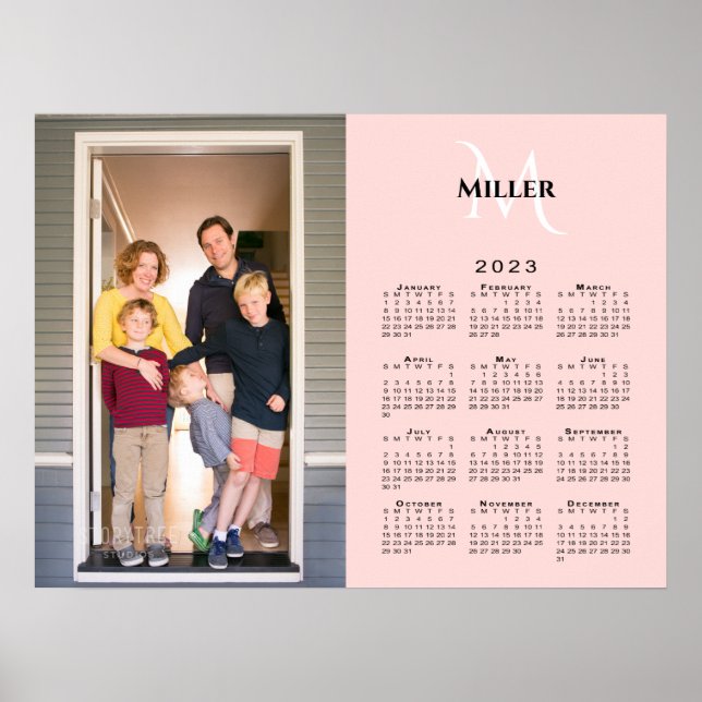 2023 Calendar Custom Photo Monogram Name on Pink Poster (Front)
