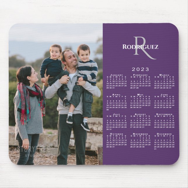 2023 Calendar Custom Photo Monogram Name on Purple Mouse Pad (Front)