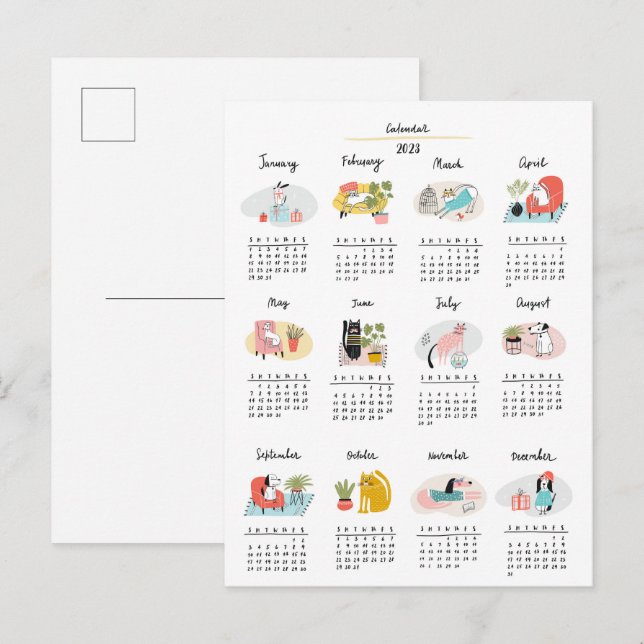 2023 Calendar Cute Cartoon Cats and Dogs Postcard (Front/Back)