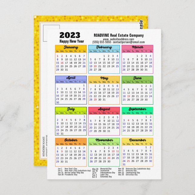 2023 Calendar Gold Glitter Modern Script Corporate Postcard (Front/Back)