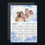 2023 Calendar Magnet Family Photo Name Blue White<br><div class="desc">Create a personalised 2023 magnetic calendar with photo and blue marble design. Templates make it easy to type your Family name and upload personal picture to have the same cloud shape frame around your photo. This Sunday through Saturday 2023 calendar is a practical gift idea for Christmas, New Year, or...</div>